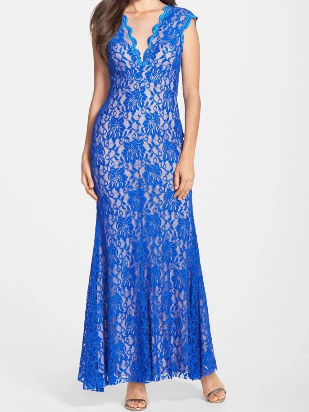 XSCAPE ~ Blue Lace Illusion V-Neck Open Back Trumpet Formal Gown 8